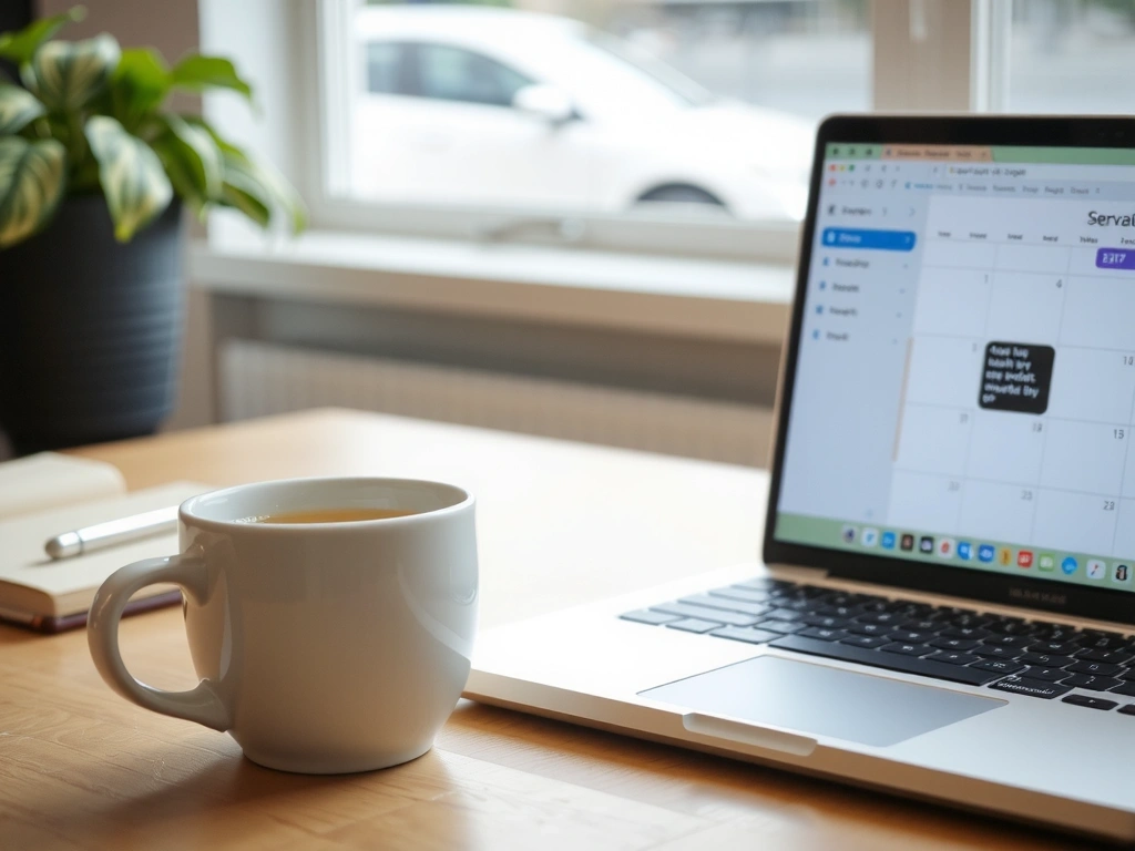 Kalendář na notebooku a šálek čaje